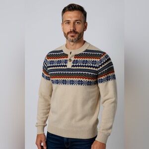New Chaps Ralph Lauren Fair Isle Nordic Knit Quarter Button Sweater Men's Sz Med